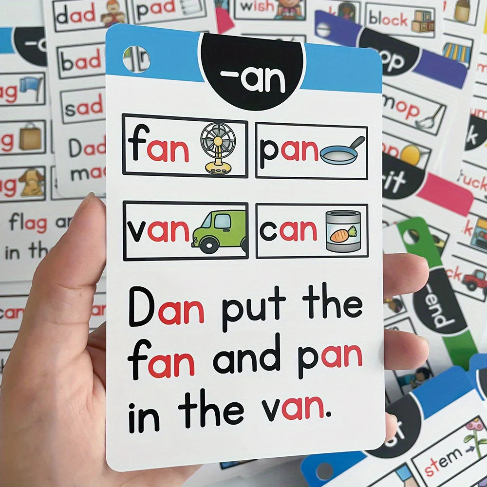 Phonics Flashcards for Kids - Short Vowel Word Families Learning Cards with Ring Binder