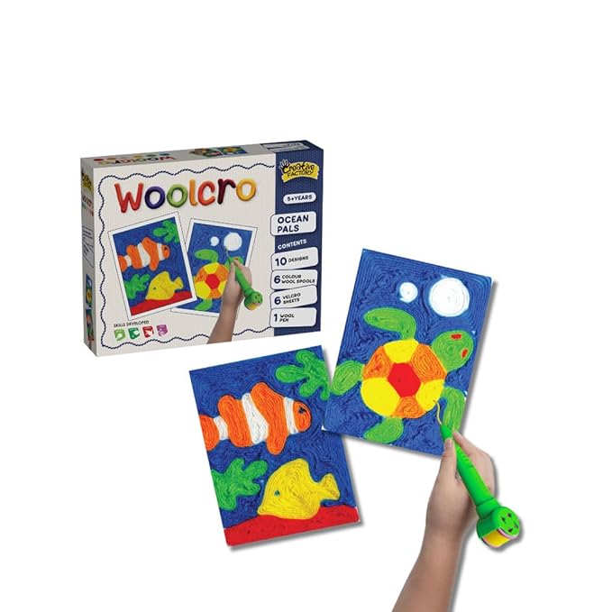 Woolcro Creative Wool Art Kit for Kids – DIY Screen-Free Craft Set with 10 Fun Designs, 6 Color Wool Spools, Wool Pen & Velcro Sheets (Age 5+)