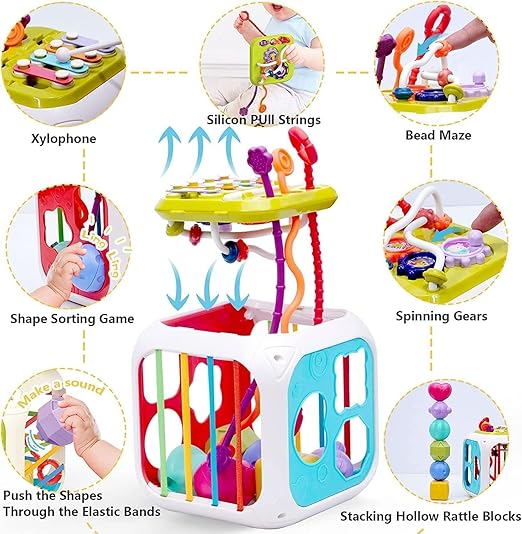 Cubora - 7 in 1 Montessori Activity Cube for Toddlers 1-3 Years, Baby Toys for 1 Year Old, Shape Sorter Sensory Learning Toy, Fine Motor Skills Development Toy for Boys & Girls
