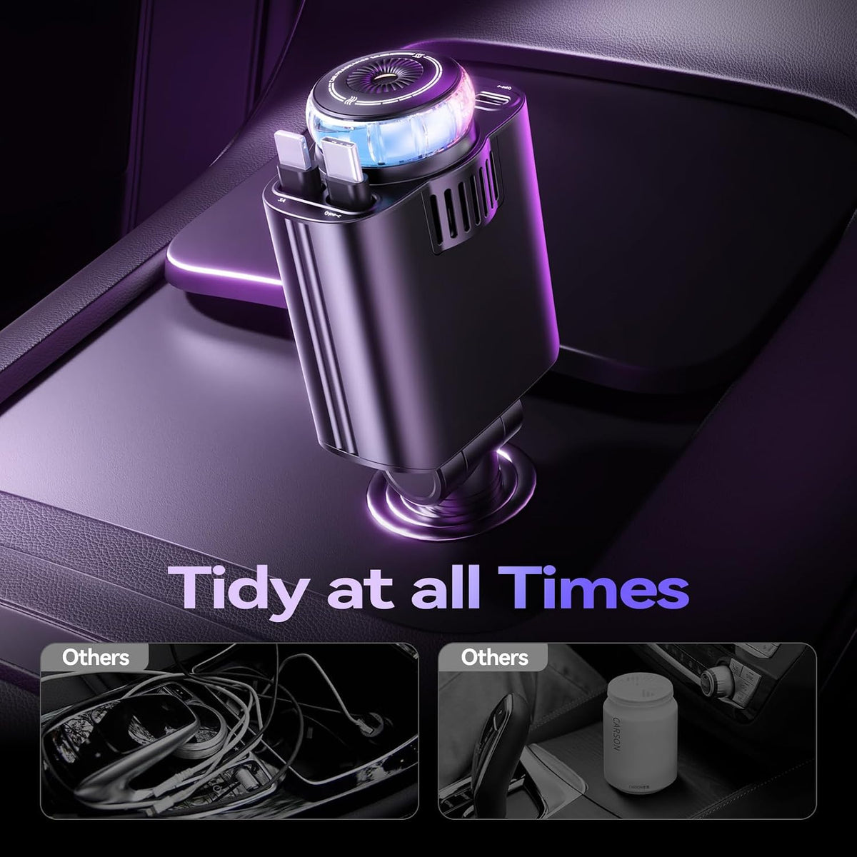 š DriveAura⢠5-in-1 Smart Car Hub | Fast Charger, Mist Humidifier & Retractable Cable Station