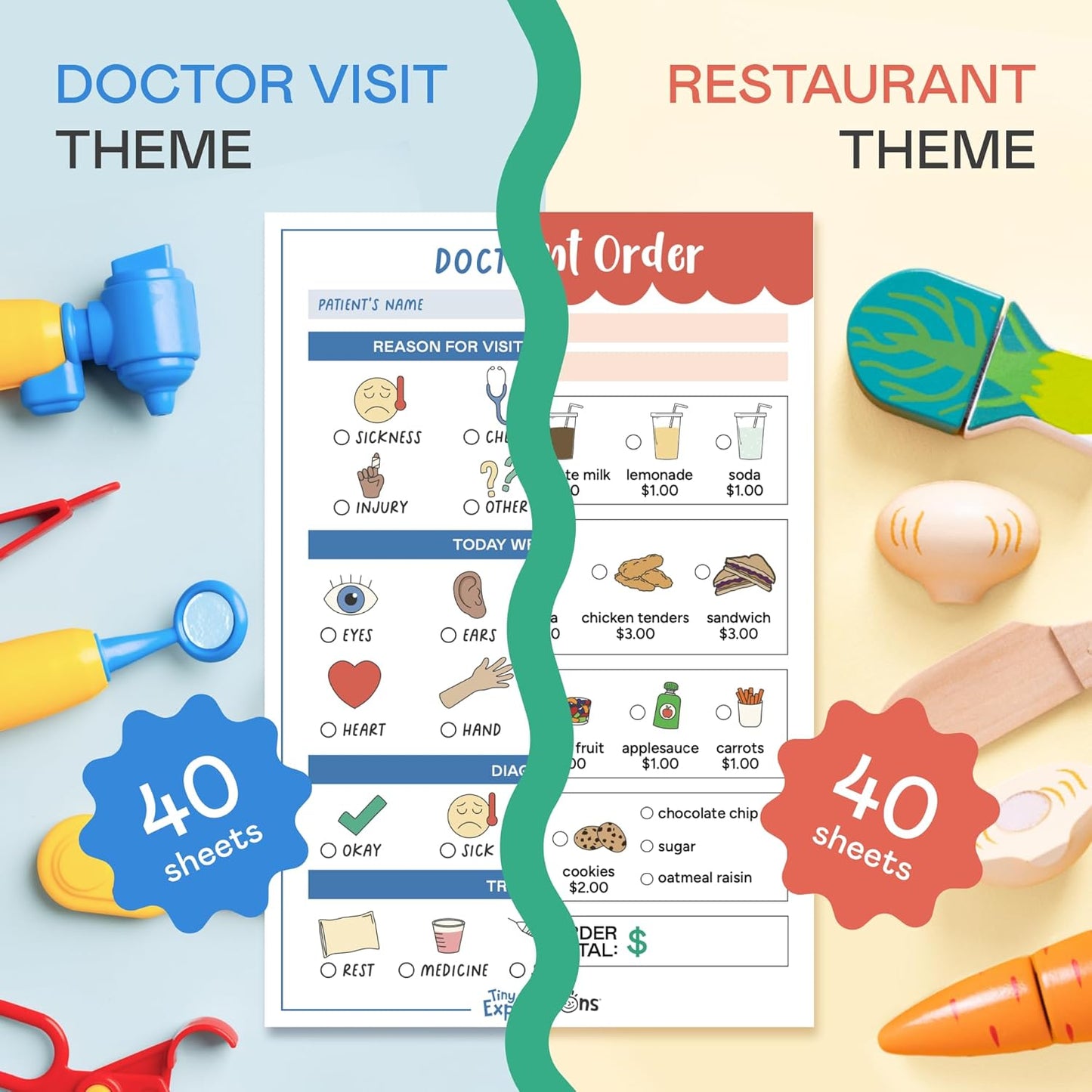Kids Pretend Play Role Play Activity Sheets – Doctor Visit & Restaurant Order Worksheets