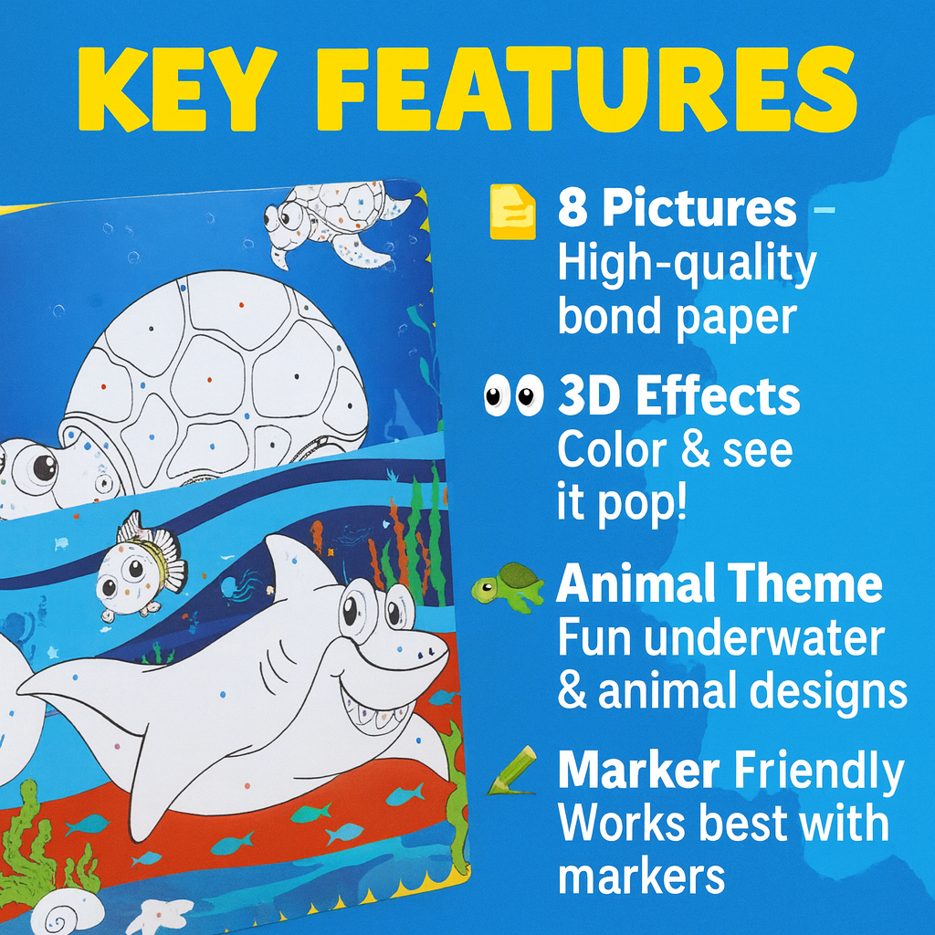 Kids’ 3D Animal Coloring Book with Markers – Includes 8 Animal Scenes & Free 3D Glasses – Screen-Free Learning for Children