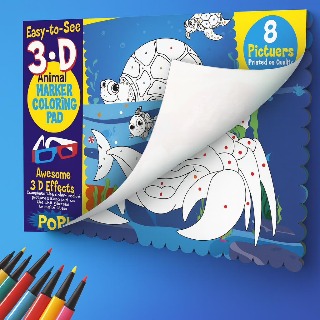 Kids’ 3D Animal Coloring Book with Markers – Includes 8 Animal Scenes & Free 3D Glasses – Screen-Free Learning for Children