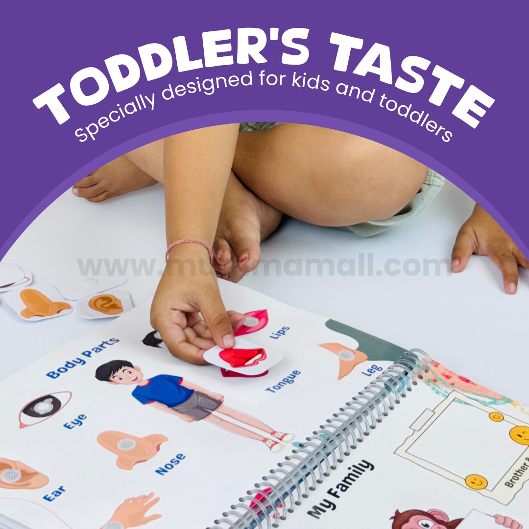 Toddler's Taste | 12-in-1 Velcro Binder Book for kids to Learn Shapes, Colors, Fruits, Numbers, Body Parts Fruits, Vegetable, Animal And Vehical + FREE Learning 2000+ pages PDF worksheet for kids