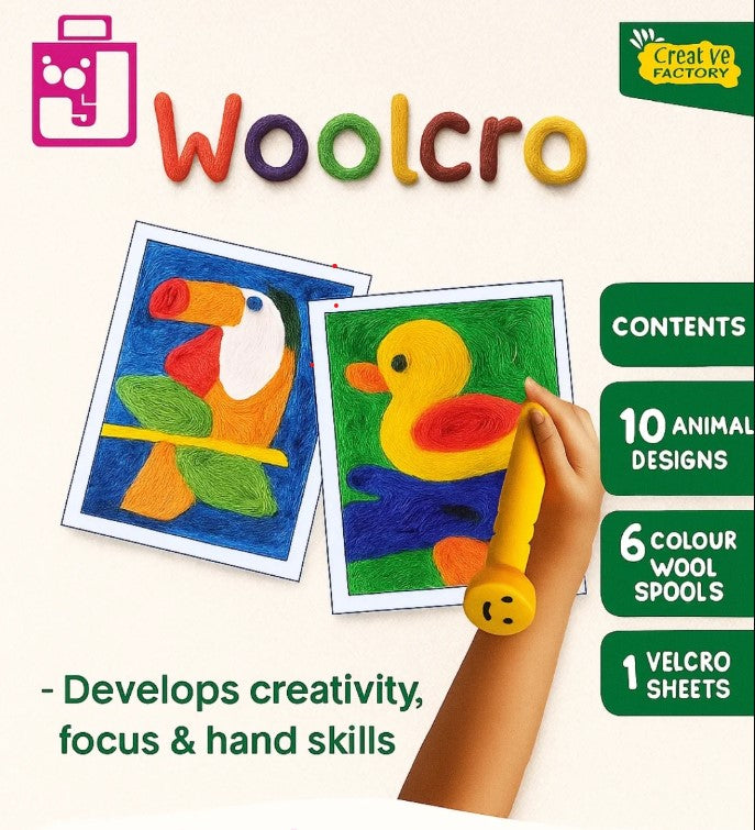 Woolcro Creative Wool Art Kit for Kids – DIY Screen-Free Craft Set with 10 Fun Designs, 6 Color Wool Spools, Wool Pen & Velcro Sheets (Age 5+)