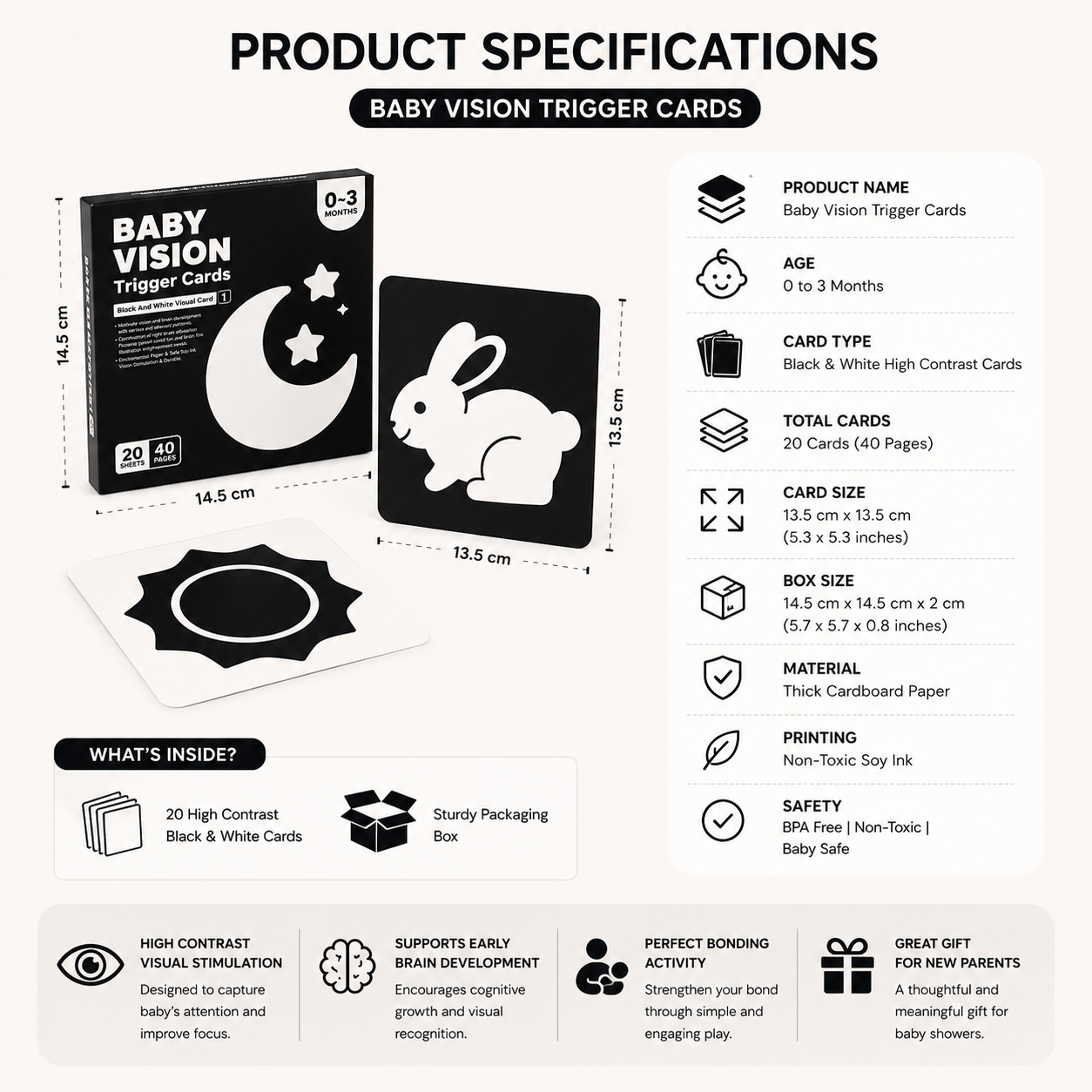 Baby Vision Trigger Cards for 0-3 Months Newborn Babies | Black and White High Contrast Visual Cards for Infant Brain Development, Eye Tracking & Visual Stimulation