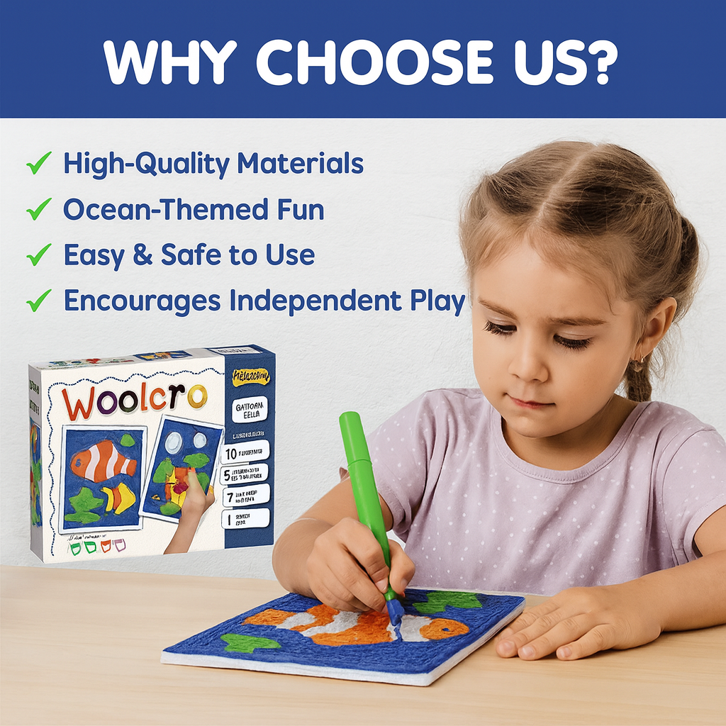 Woolcro Creative Wool Art Kit for Kids – DIY Screen-Free Craft Set with 10 Fun Designs, 6 Color Wool Spools, Wool Pen & Velcro Sheets (Age 5+)