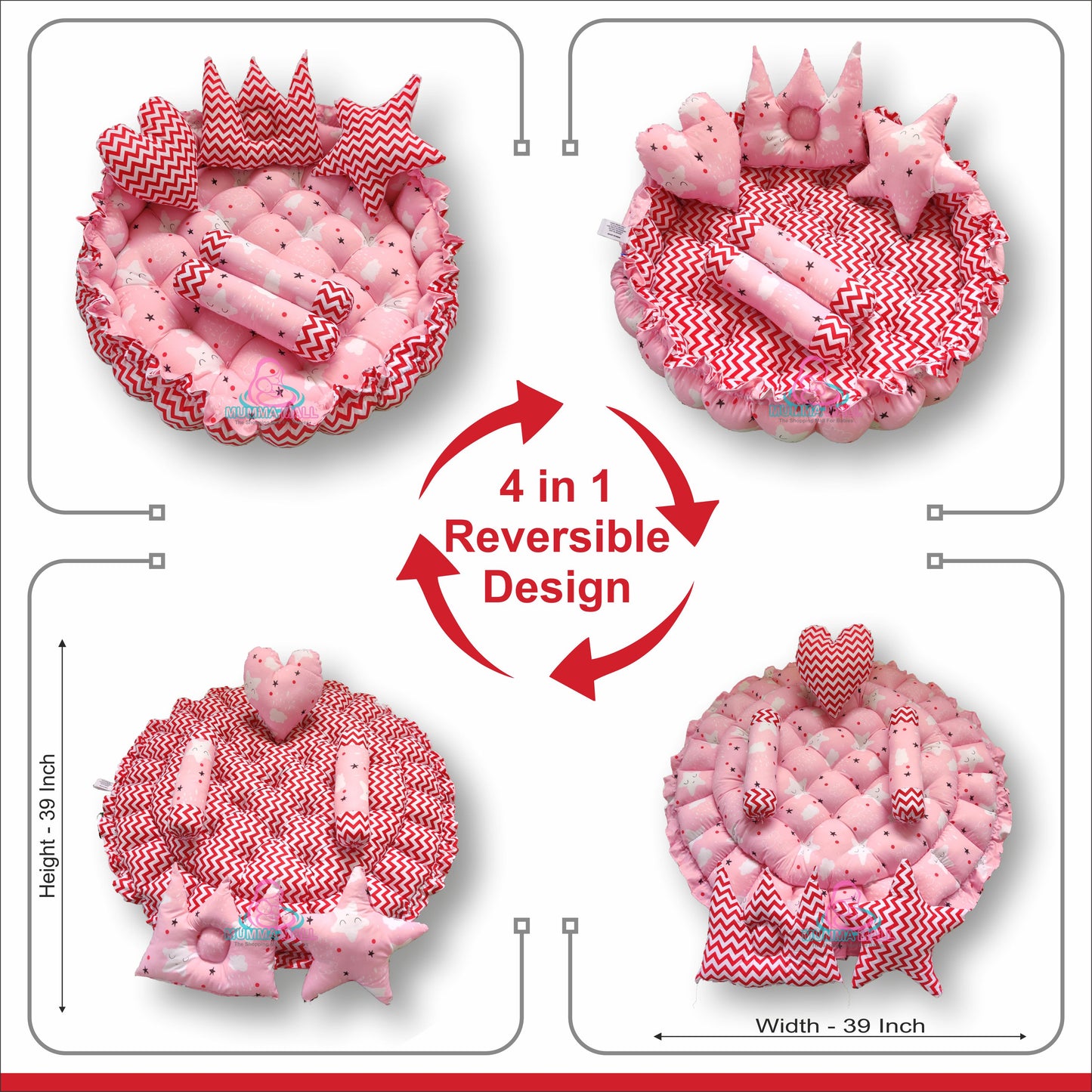 Round baby tub bed with set of 5 pillows as neck support, side support and toy (Pink and Red)
