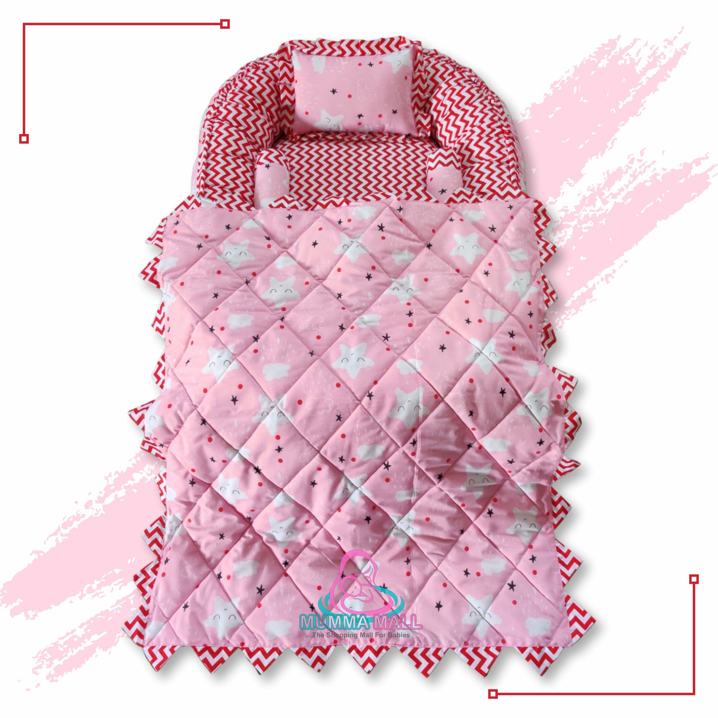 Baby nest bedding with blanket and set of 3 pillows as neck support, side support and toy (Pink and Red)