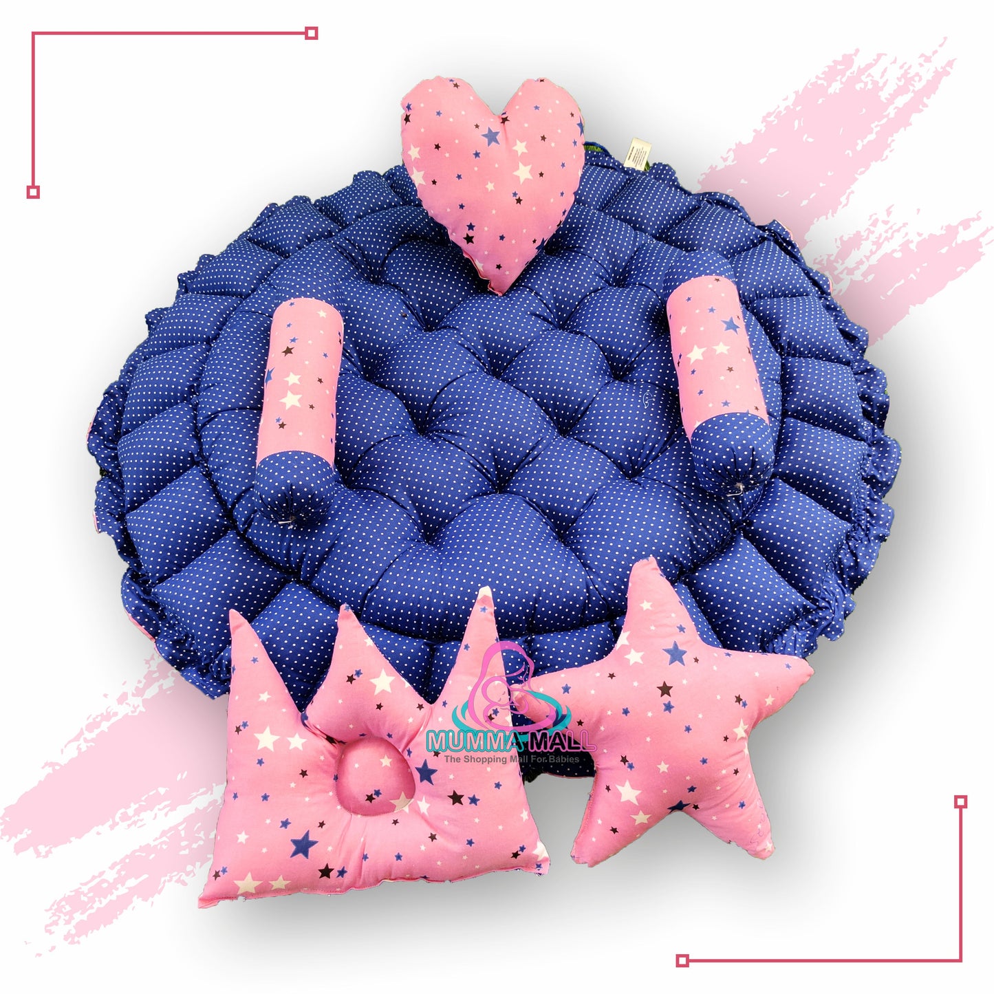 Round baby tub bed with set of 5 pillows as neck support, side support and toy (Pink and Blue)