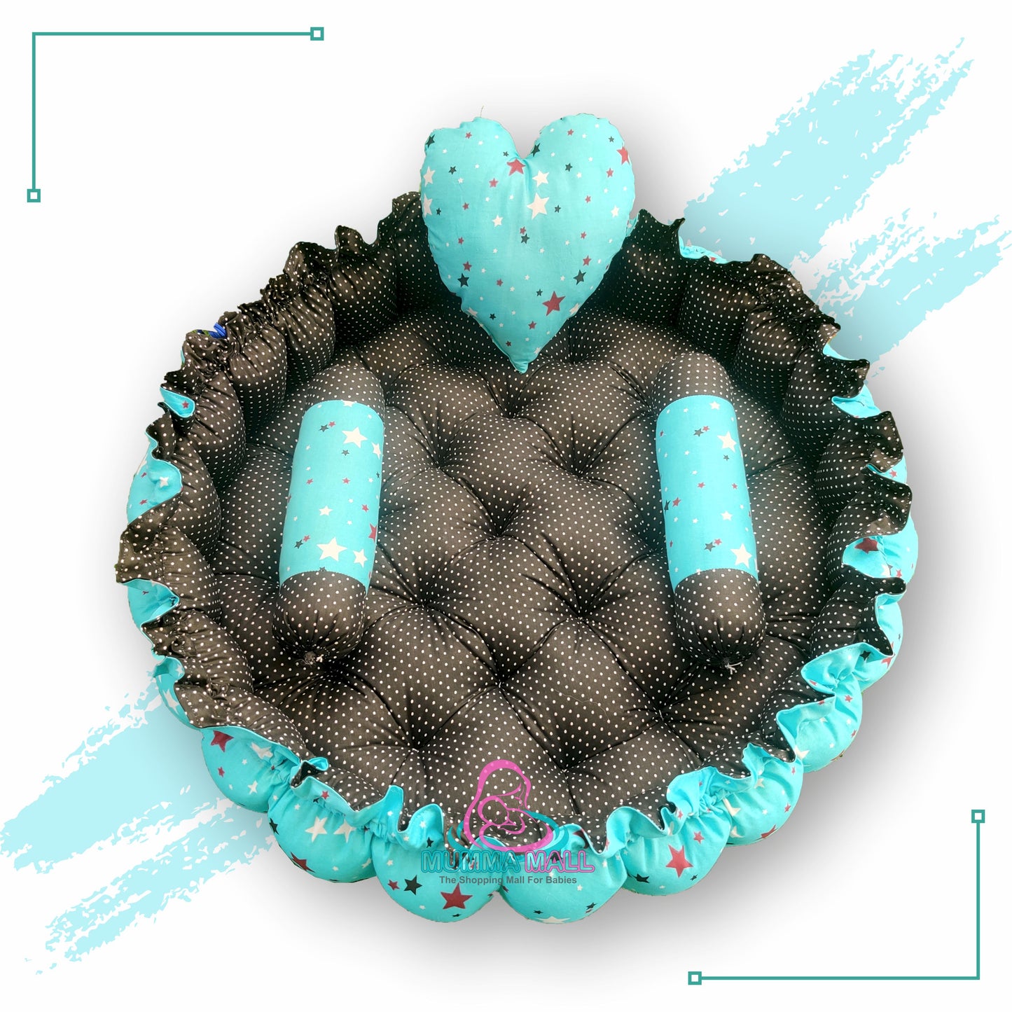 Round baby tub bed with a heart pillow and pair of Bolster (Turquoise and Black)