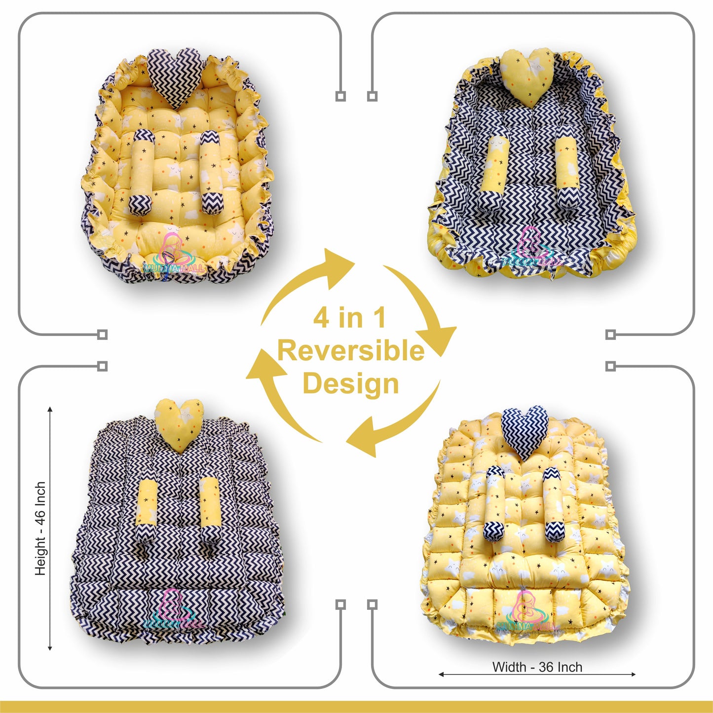 Rectangle baby tub bed with a heart pillow and pair of Bolster (Yellow and Black)