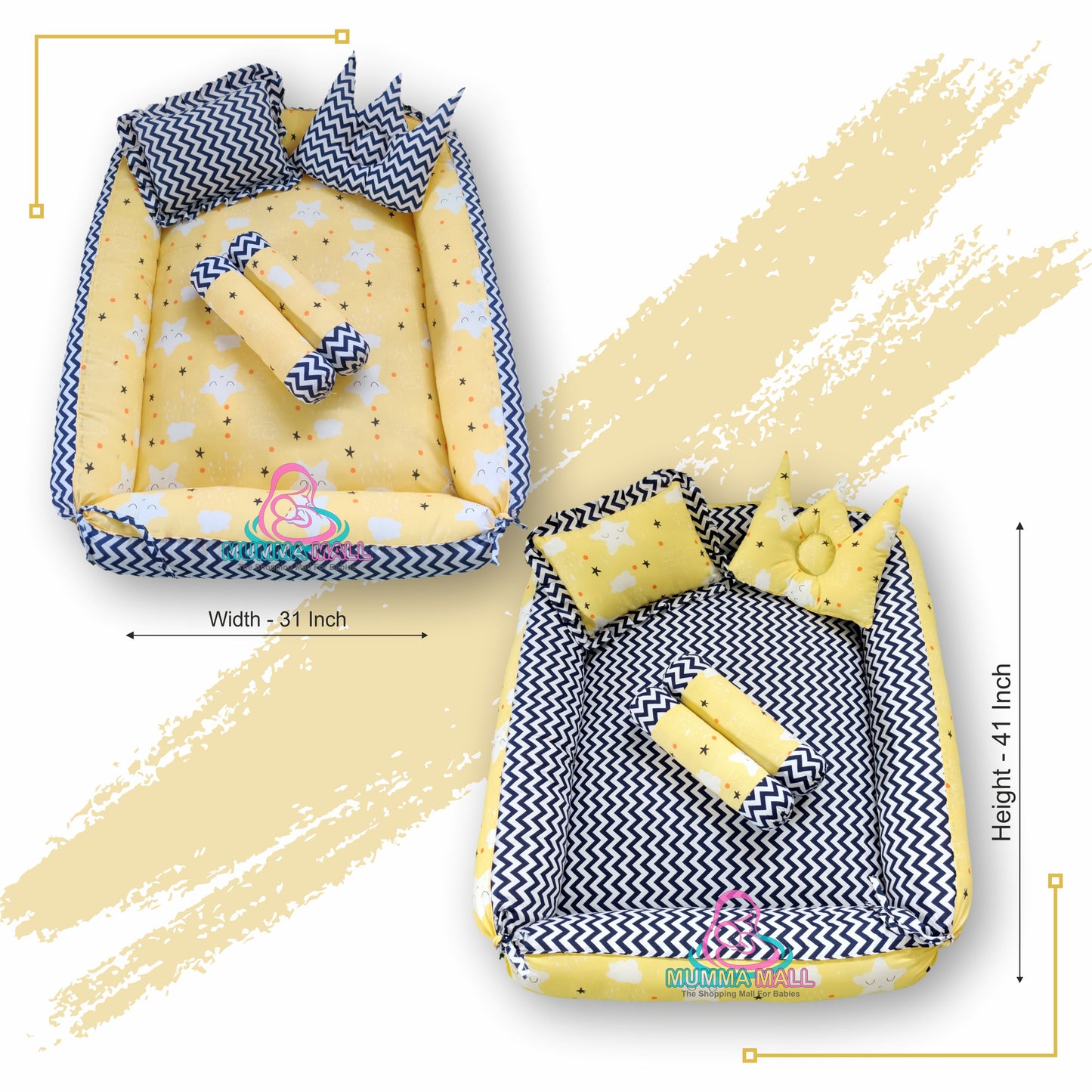 Baby box mattress set with set of 4 pillows as neck support, side support and toy (Yellow and Black)