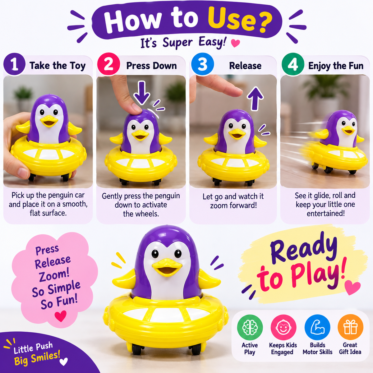 Snowy Slider Friction Penguin Toy for Kids – Multicolor Pack of 12 Pcs