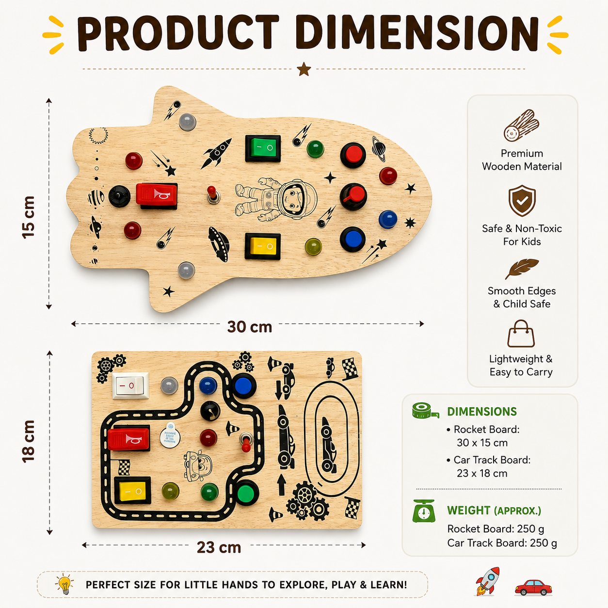 Wooden Montessori Busy Board Collection Set for Toddlers with Rocket, Dinosaur, Game Controller & Car Track Sensory Activity Toys