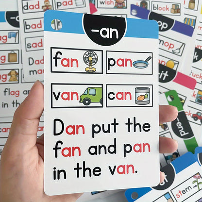 Phonics Flashcards for Kids - Short Vowel Word Families Learning Cards with Ring Binder