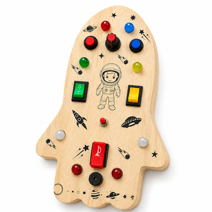 Wooden Montessori Busy Board Collection Set for Toddlers with Rocket, Dinosaur, Game Controller & Car Track Sensory Activity Toys