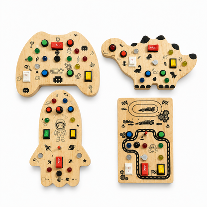 Wooden Montessori Busy Board Collection Set for Toddlers with Rocket, Dinosaur, Game Controller & Car Track Sensory Activity Toys