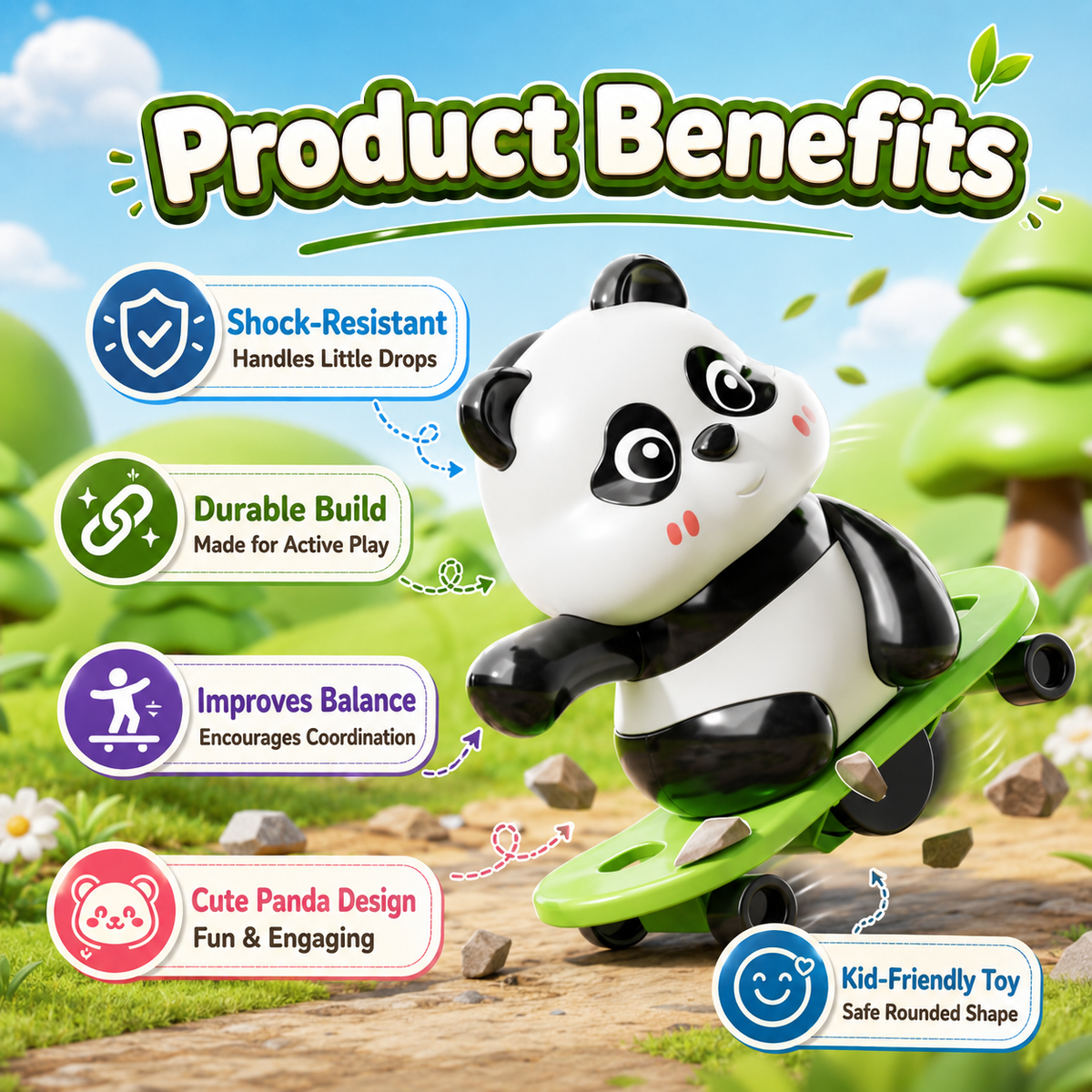 3-in-1 Panda Sports Activity Toy Set for Kids | Cute Panda Skater, Hula Hoop & Jump Rope Toy