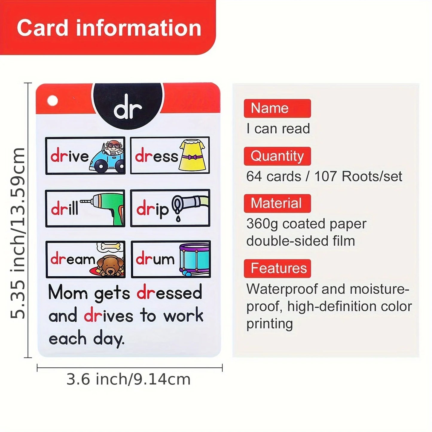 Phonics Flashcards for Kids - Short Vowel Word Families Learning Cards with Ring Binder