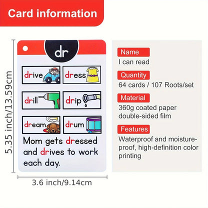 Phonics Flashcards for Kids - Short Vowel Word Families Learning Cards with Ring Binder