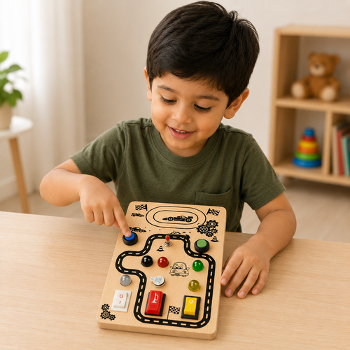 Wooden Montessori Busy Board Collection Set for Toddlers with Rocket, Dinosaur, Game Controller & Car Track Sensory Activity Toys