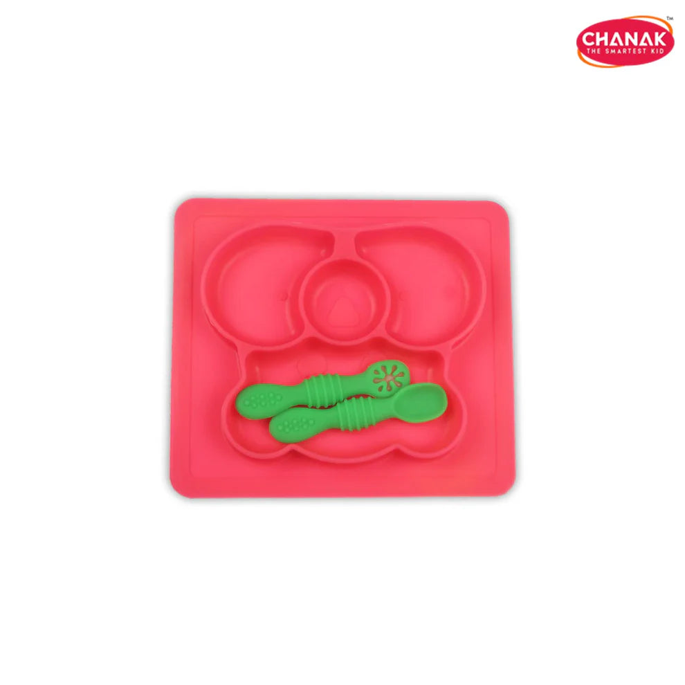 Baby Food Tray - Silicon Plate with Multiple Compartments & Two Spoons