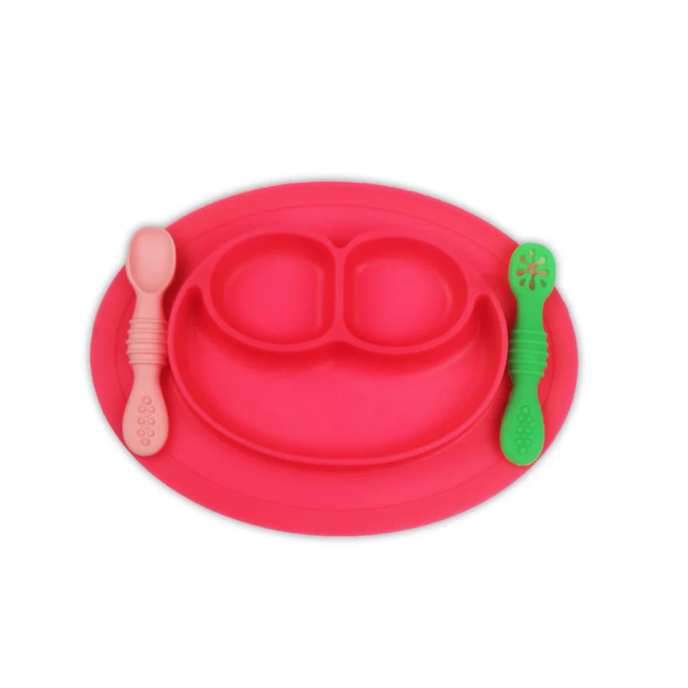 Baby Food Oval Tray - Silicon Plate with Multiple Compartments & Two Spoons