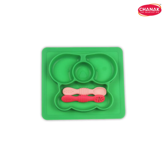 Baby Food Tray - Silicon Plate with Multiple Compartments & Two Spoons