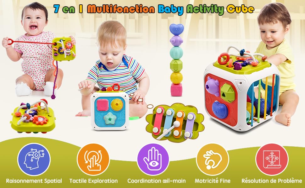 Cubora - 7 in 1 Montessori Activity Cube for Toddlers 1-3 Years, Baby Toys for 1 Year Old, Shape Sorter Sensory Learning Toy, Fine Motor Skills Development Toy for Boys & Girls