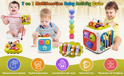 Cubora - 7 in 1 Montessori Activity Cube for Toddlers 1-3 Years, Baby Toys for 1 Year Old, Shape Sorter Sensory Learning Toy, Fine Motor Skills Development Toy for Boys & Girls