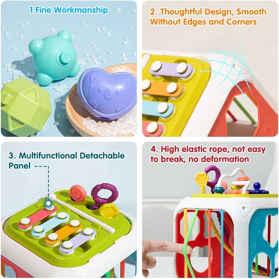 Cubora - 7 in 1 Montessori Activity Cube for Toddlers 1-3 Years, Baby Toys for 1 Year Old, Shape Sorter Sensory Learning Toy, Fine Motor Skills Development Toy for Boys & Girls