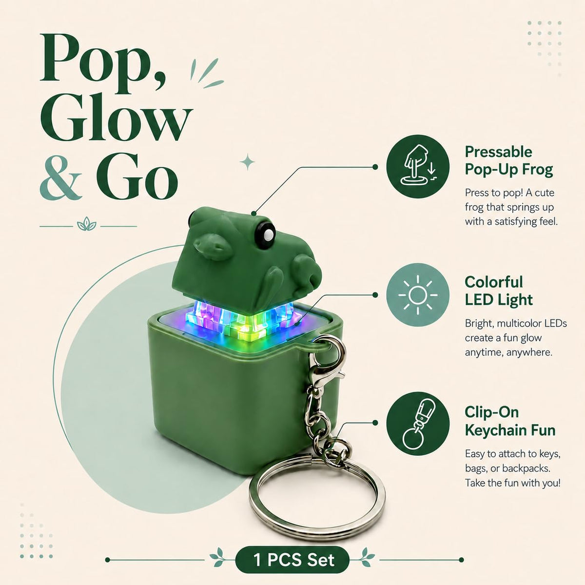 Pop-Up Frog LED Light Keychain Toy for Kids – Pressable Cute Frog with Colorful Glow, Clip-On Bag Charm & Backpack Accessory