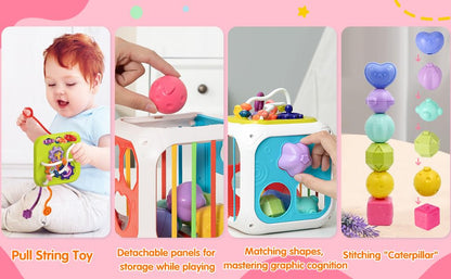 Cubora - 7 in 1 Montessori Activity Cube for Toddlers 1-3 Years, Baby Toys for 1 Year Old, Shape Sorter Sensory Learning Toy, Fine Motor Skills Development Toy for Boys & Girls