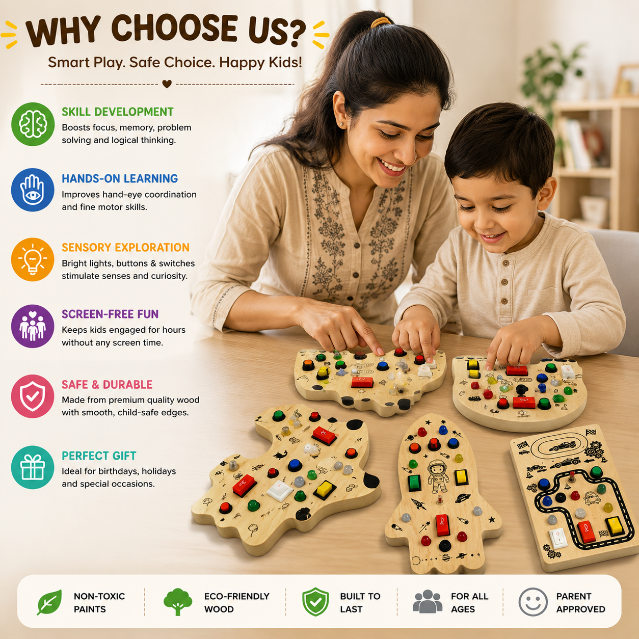 Wooden Montessori Busy Board Collection Set for Toddlers with Rocket, Dinosaur, Game Controller & Car Track Sensory Activity Toys