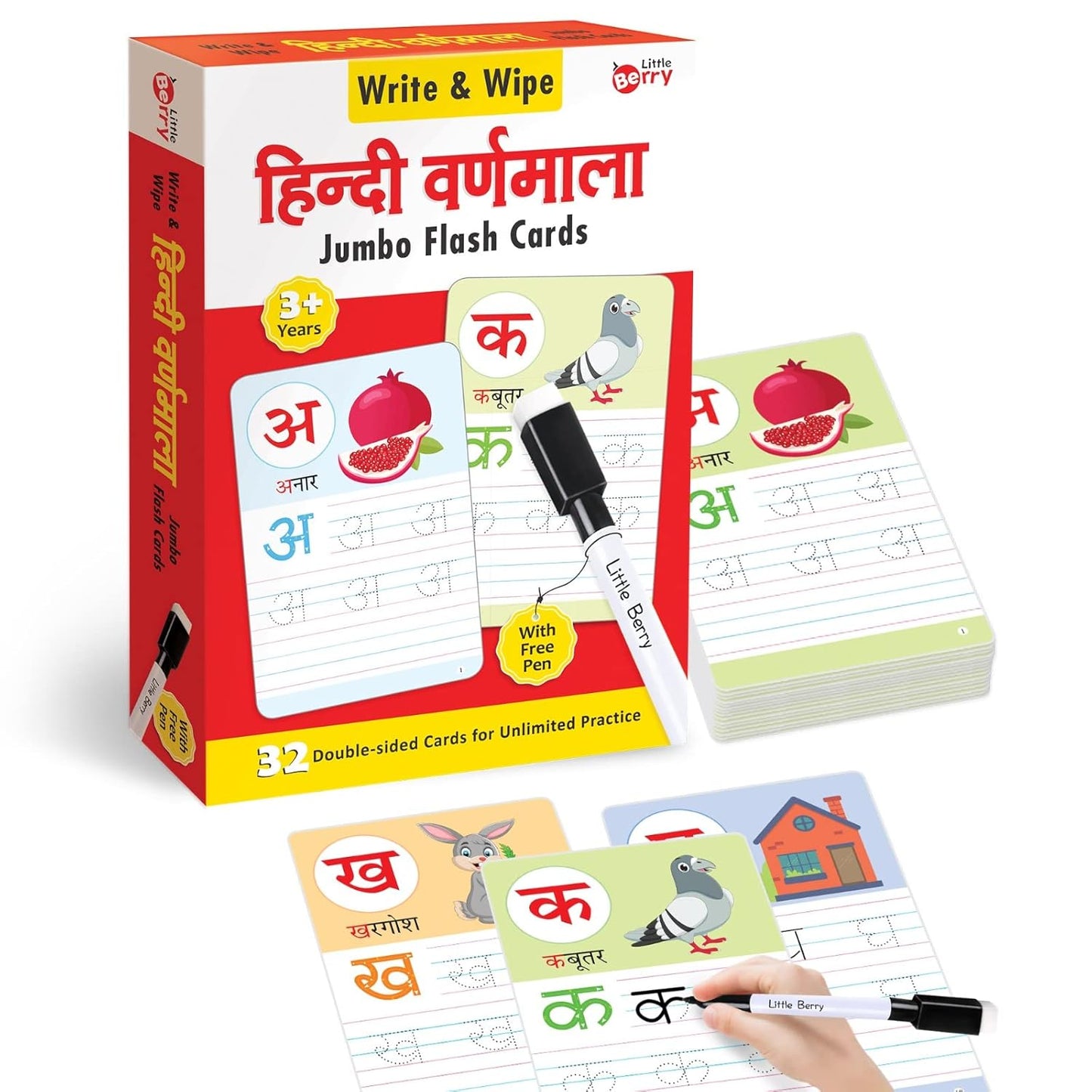 Hindi Varnamala -Write & Wipe Flash Cards (32 Reusable Cards with Marker Pen )