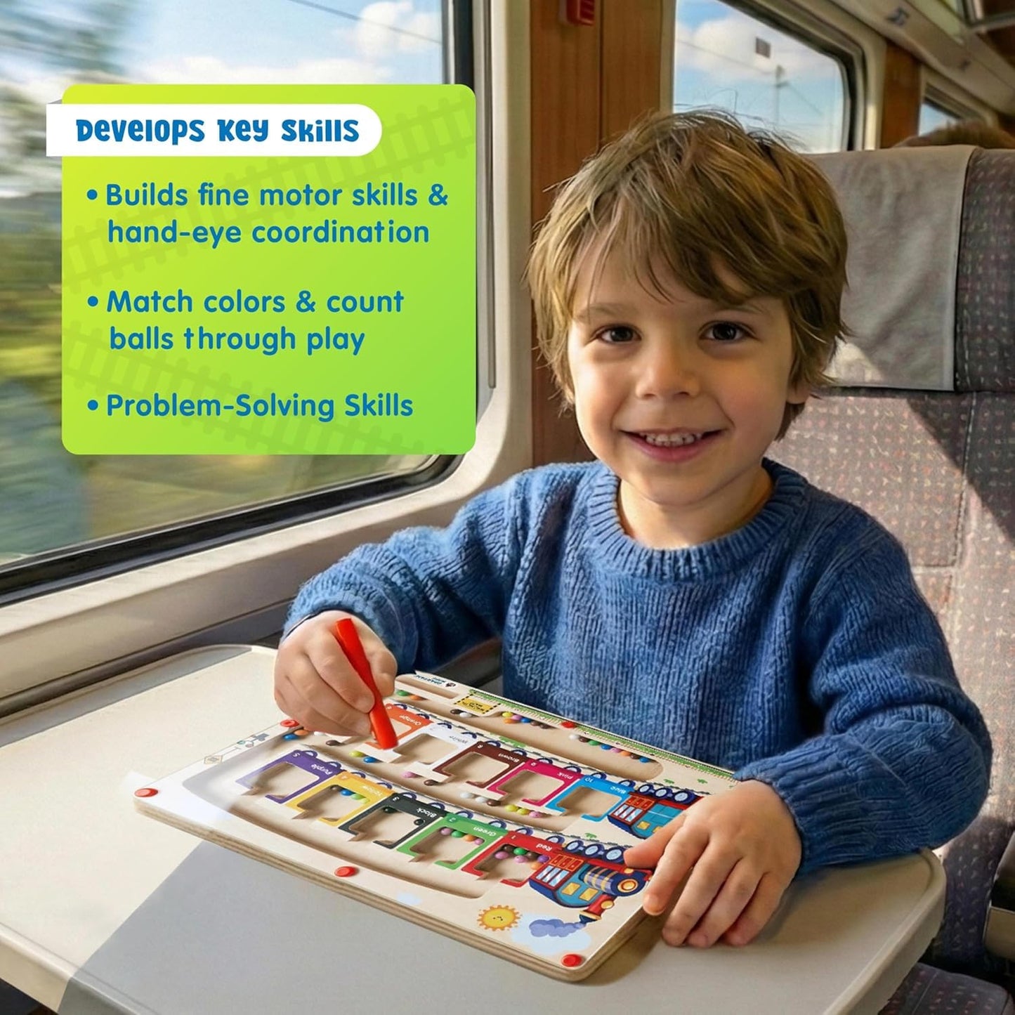Wooden Train Colour Sorting & Counting Magnetic Puzzle Toy – Montessori Learning Maze Game for Toddlers & Kids