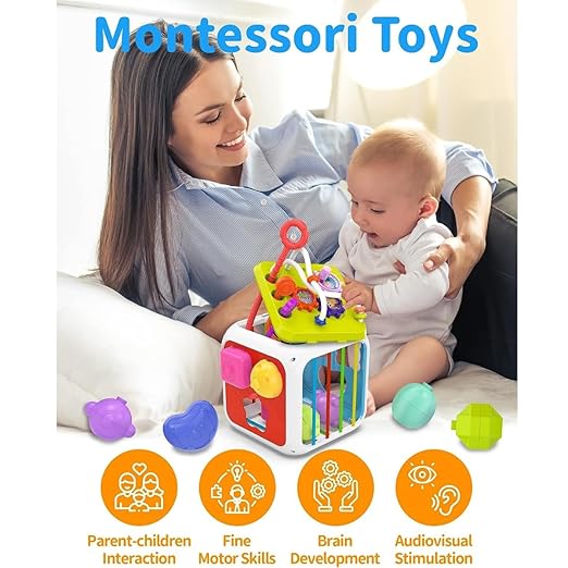 Cubora - 7 in 1 Montessori Activity Cube for Toddlers 1-3 Years, Baby Toys for 1 Year Old, Shape Sorter Sensory Learning Toy, Fine Motor Skills Development Toy for Boys & Girls