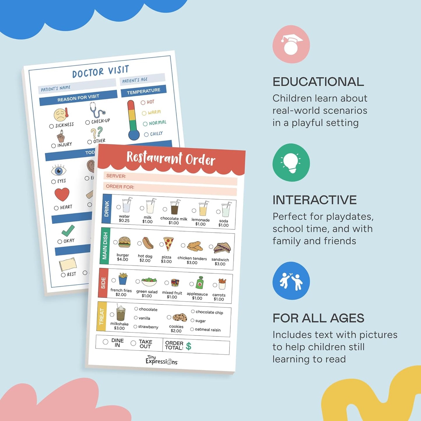 Kids Pretend Play Role Play Activity Sheets – Doctor Visit & Restaurant Order Worksheets