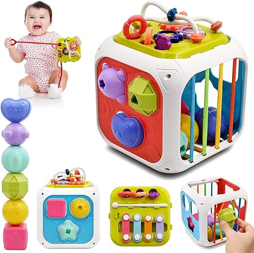 Cubora - 7 in 1 Montessori Activity Cube for Toddlers 1-3 Years, Baby Toys for 1 Year Old, Shape Sorter Sensory Learning Toy, Fine Motor Skills Development Toy for Boys & Girls