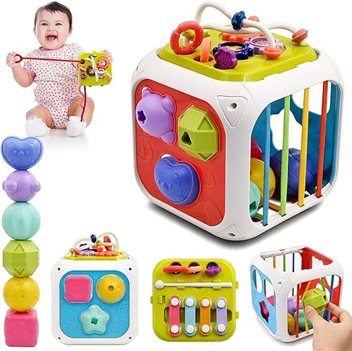 Cubora - 7 in 1 Montessori Activity Cube for Toddlers 1-3 Years, Baby Toys for 1 Year Old, Shape Sorter Sensory Learning Toy, Fine Motor Skills Development Toy for Boys & Girls