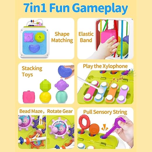 Cubora - 7 in 1 Montessori Activity Cube for Toddlers 1-3 Years, Baby Toys for 1 Year Old, Shape Sorter Sensory Learning Toy, Fine Motor Skills Development Toy for Boys & Girls