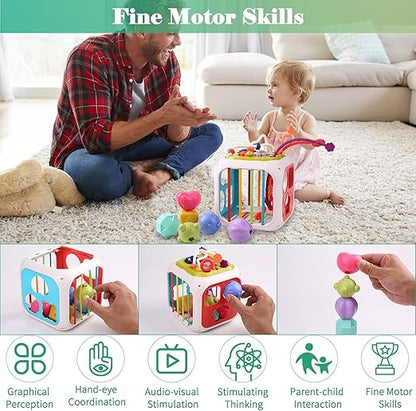 Cubora - 7 in 1 Montessori Activity Cube for Toddlers 1-3 Years, Baby Toys for 1 Year Old, Shape Sorter Sensory Learning Toy, Fine Motor Skills Development Toy for Boys & Girls