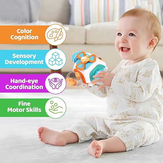 BrainyBox - Montessori Busy Cube for Toddlers 1-3 Years | 6-in-1 Sensory Activity Toy | Baby Learning Cube | Fine Motor Skills Toy | Travel Activity Toy for Kids | Birthday Gift for Boys & Girls