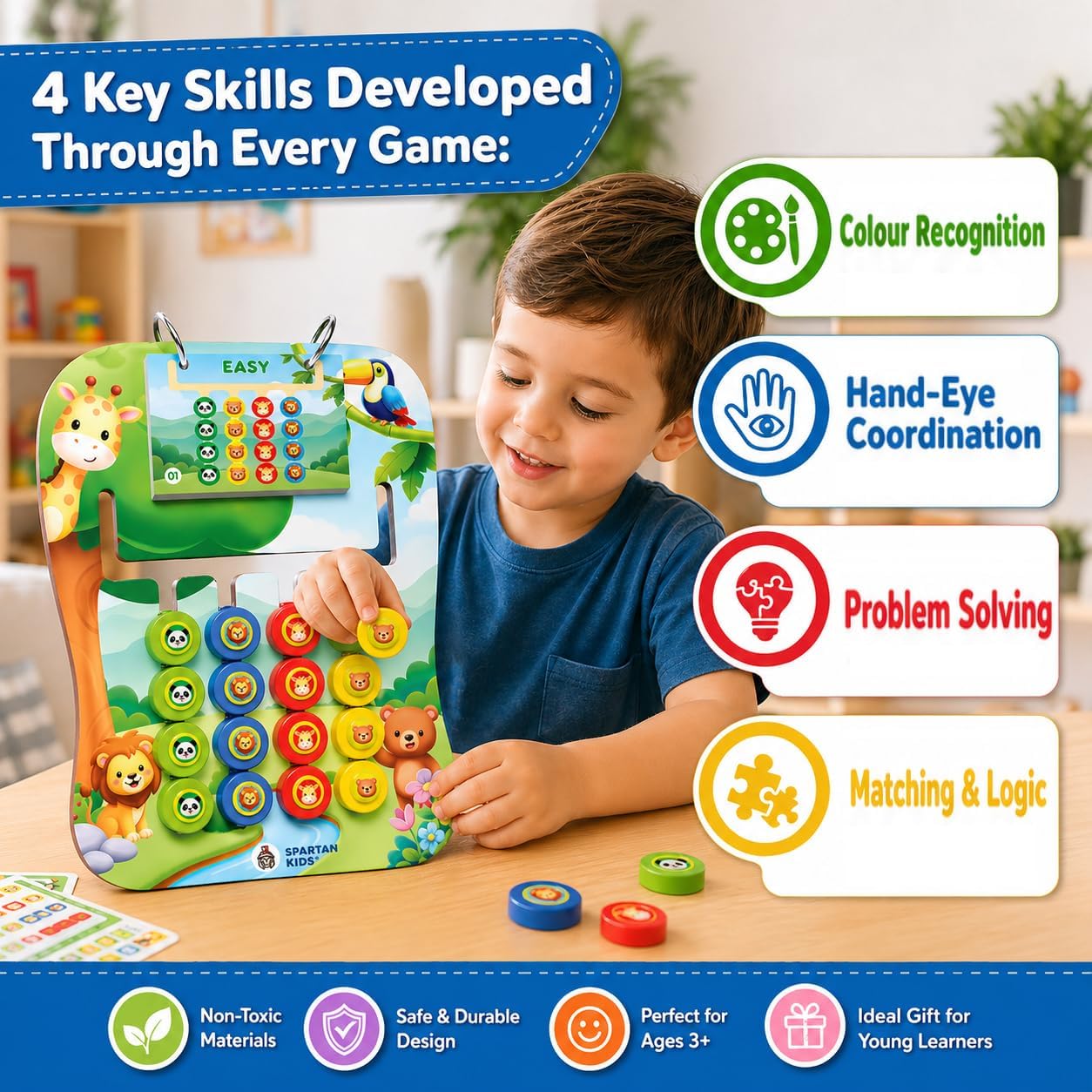 Montessori Wooden Pattern Matching Puzzle Board for Kids – Colour Sorting, Challenge Card Game & Brain Development Educational Toy