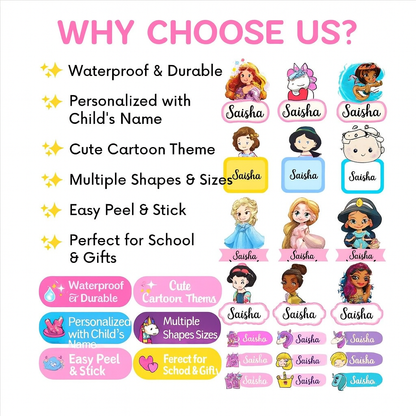 Personalized Waterproof Kids Name Stickers – Cute Animal Designs for Bottles, Lunch Boxes & School