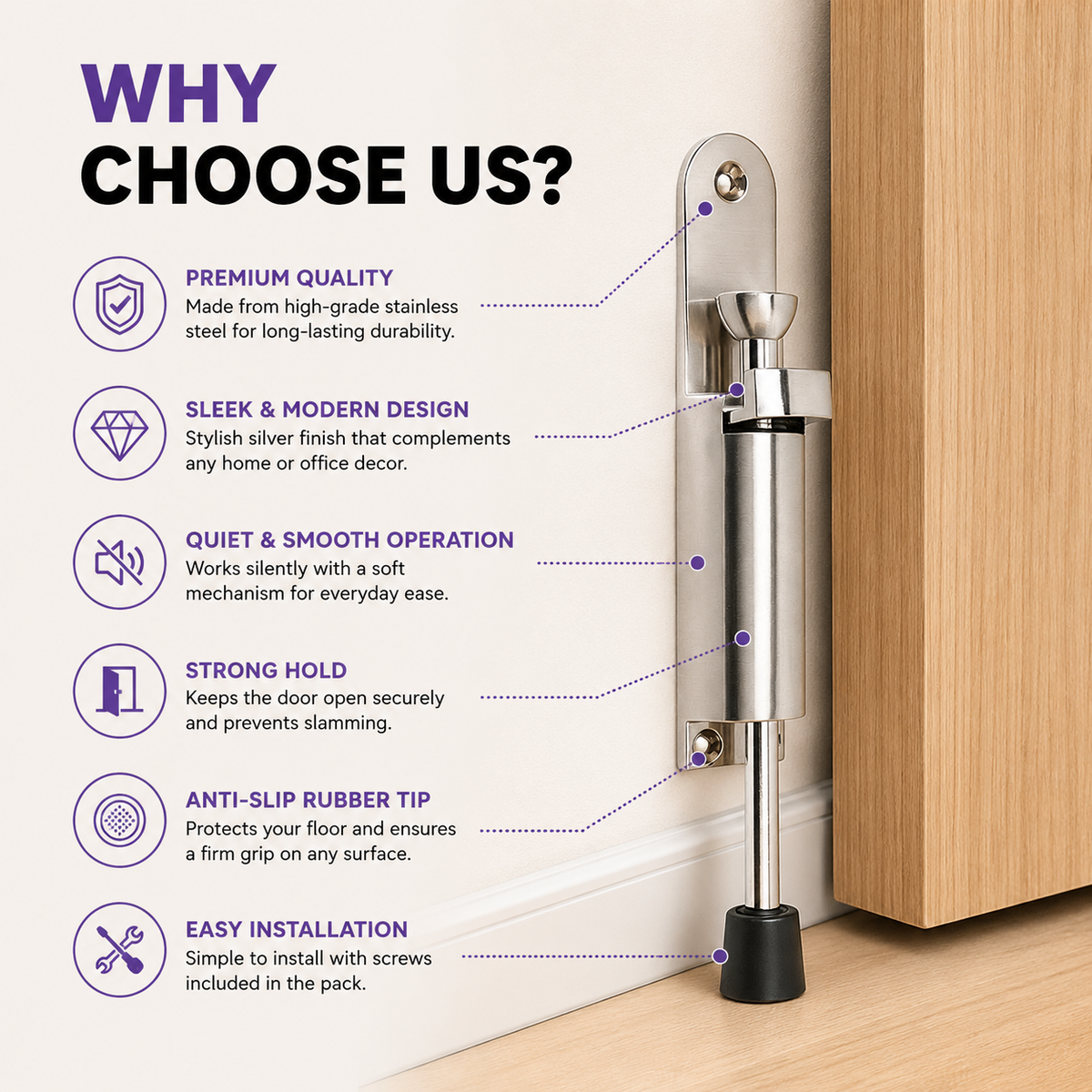 Heavy-Duty Retractable Door Stopper with Anti-Slip Rubber Grip and Screw Mount