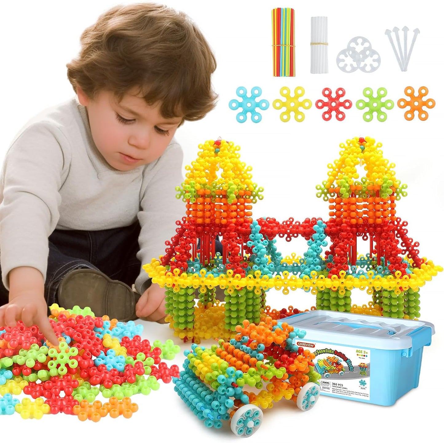 Snowflake Interlocking Building Blocks for Kids 🌈✨ (200pcs Block, 26 Color Stick, 6Pcs Wheels, 6Pcs Stick, 6Pcs Support Stick)