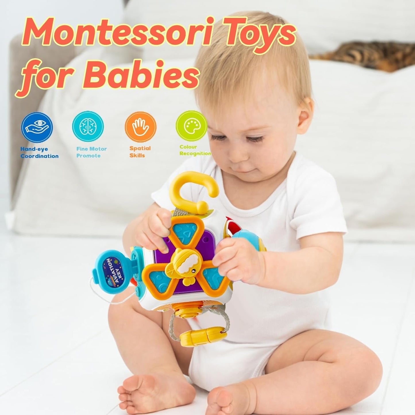 BrainyBox - Montessori Busy Cube for Toddlers 1-3 Years | 6-in-1 Sensory Activity Toy | Baby Learning Cube | Fine Motor Skills Toy | Travel Activity Toy for Kids | Birthday Gift for Boys & Girls