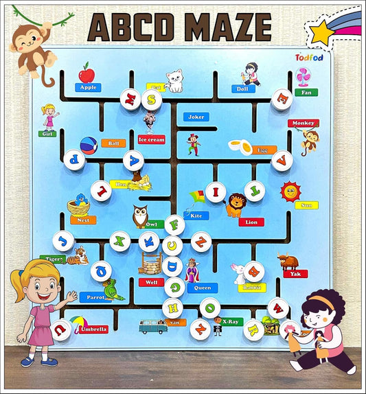 TodFod Wooden Toys ABCD Maze Learning Toys (26 Pieces) Brain Games for Kids (Multicolour)